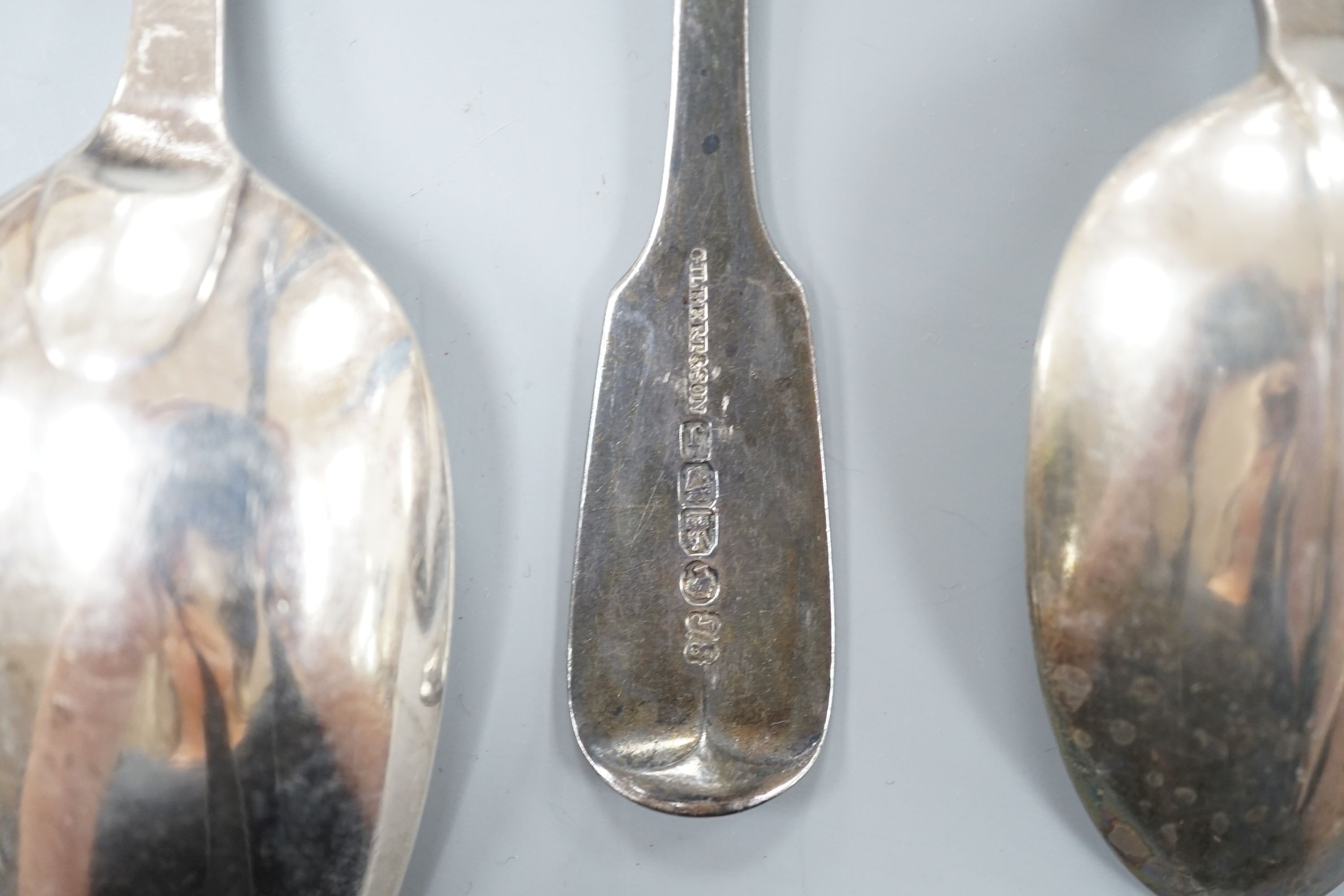 A pair of Victorian Irish silver fiddle pattern dessert spoons, Dublin, 1854, 18.1cm and two 18th century Scottish silver Old English pattern tablespoons, Edinburgh, 1765 & 1791, 7oz.